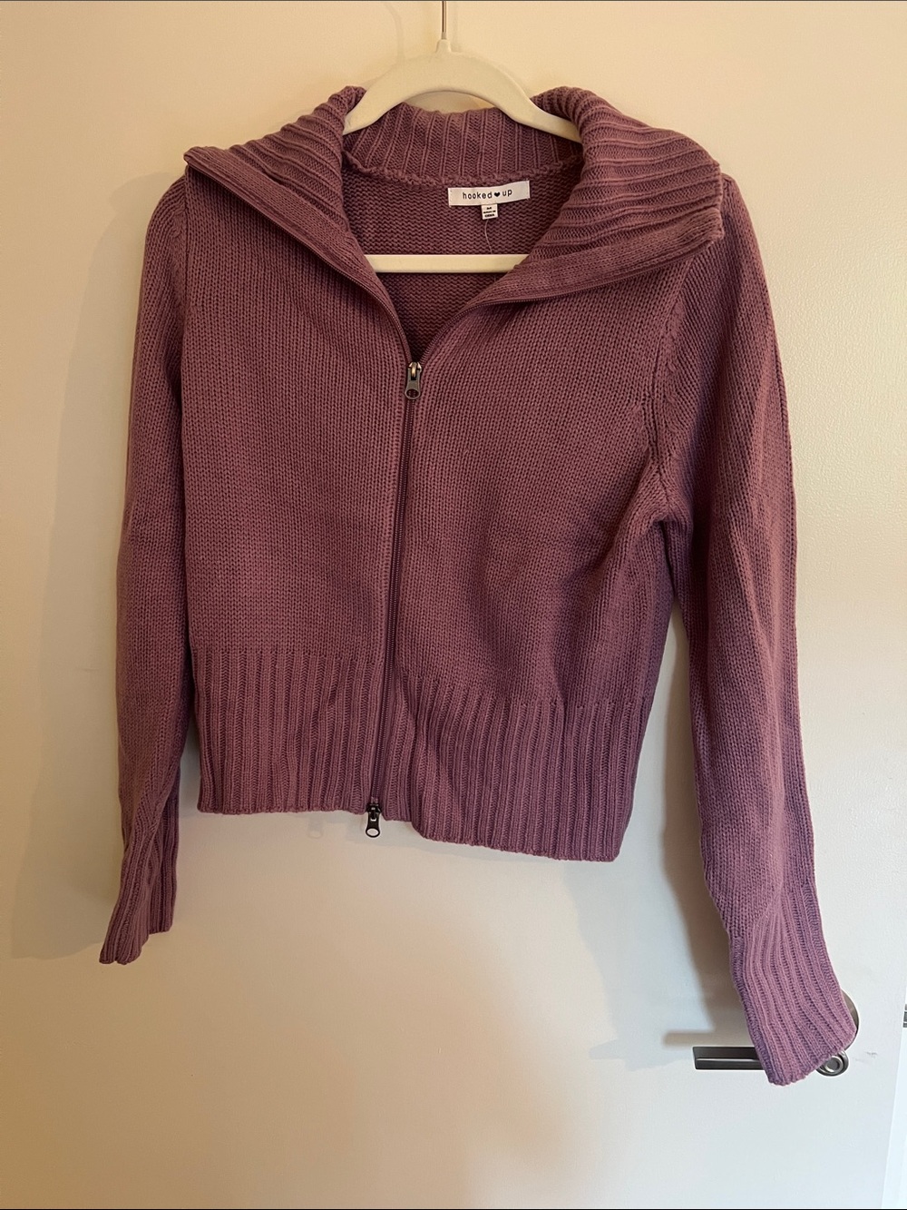 Hooked Up by IOT Dusty Mauve Zip Cardigan with Ribbed Collar